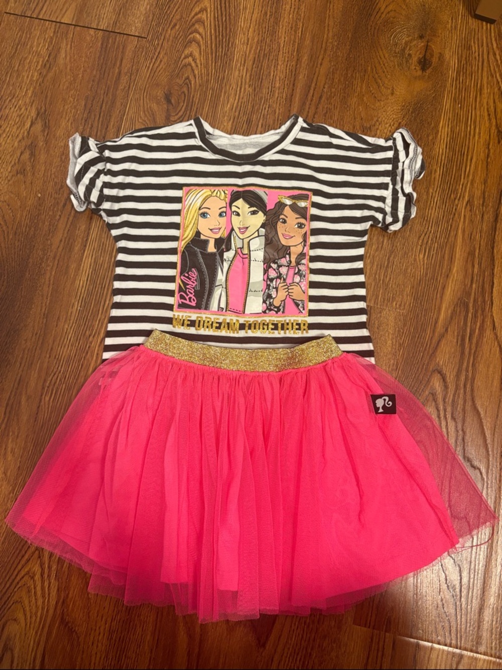 Barbie Black & White Striped Tee with Hot Pink Tulle Skirt